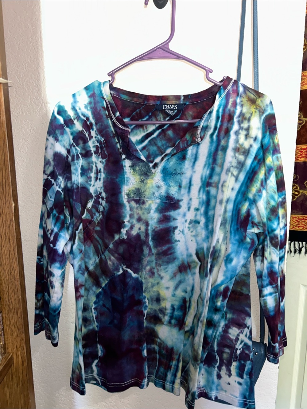 Chaps Blue Teal and Purple Tie-Dye Long Sleeve Top